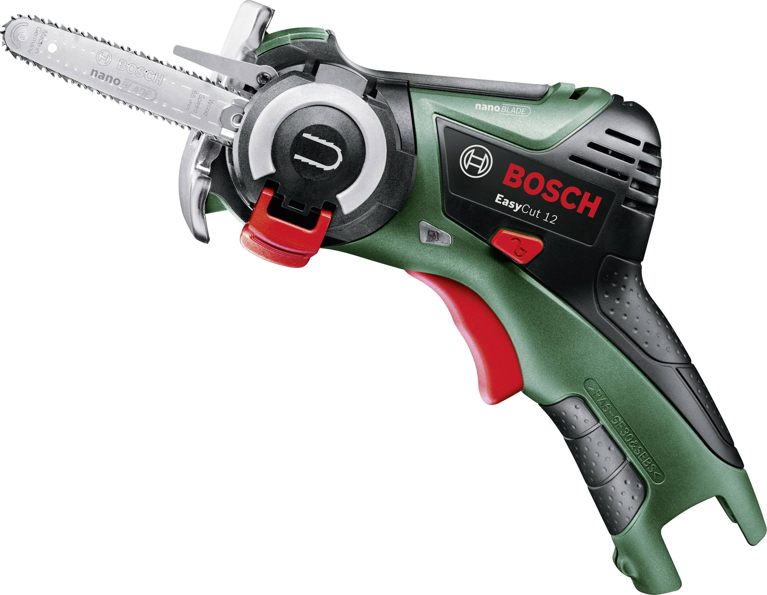 Eine grüne Bosch EasyCut 12 Säge liegt seitlich. Sie hat ein kompaktes Design mit einem schwarzen Griff und rotem Sicherheitsschalter.