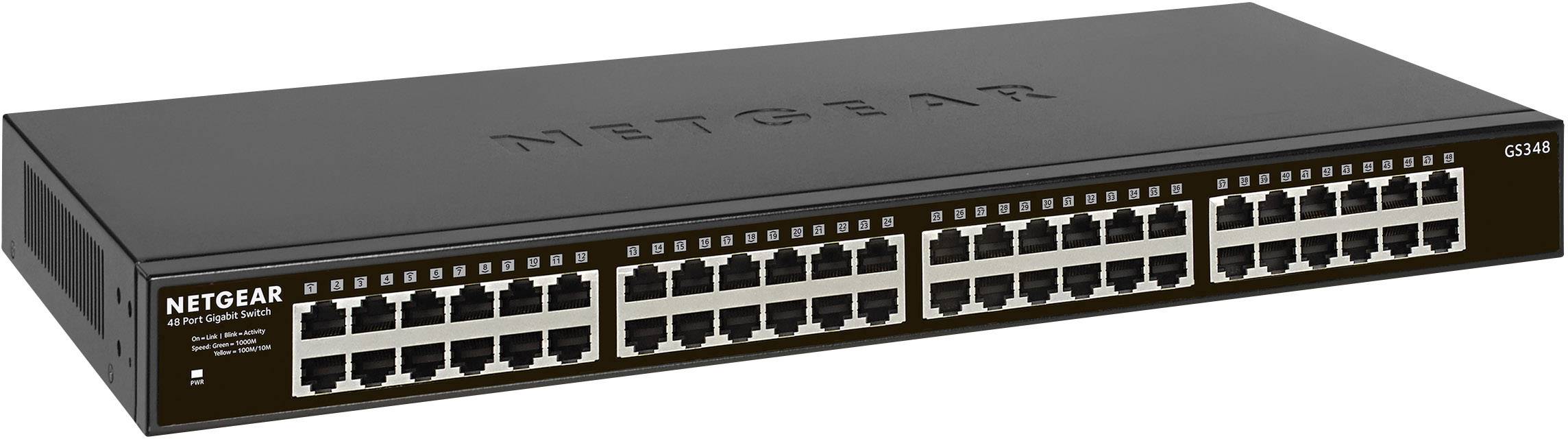 Ein Netzwerk-Switch von Netgear mit 48 Ethernet-Anschlüssen, Modellnummer GS348. Hauptsächlich für Büroumgebungen geeignet.