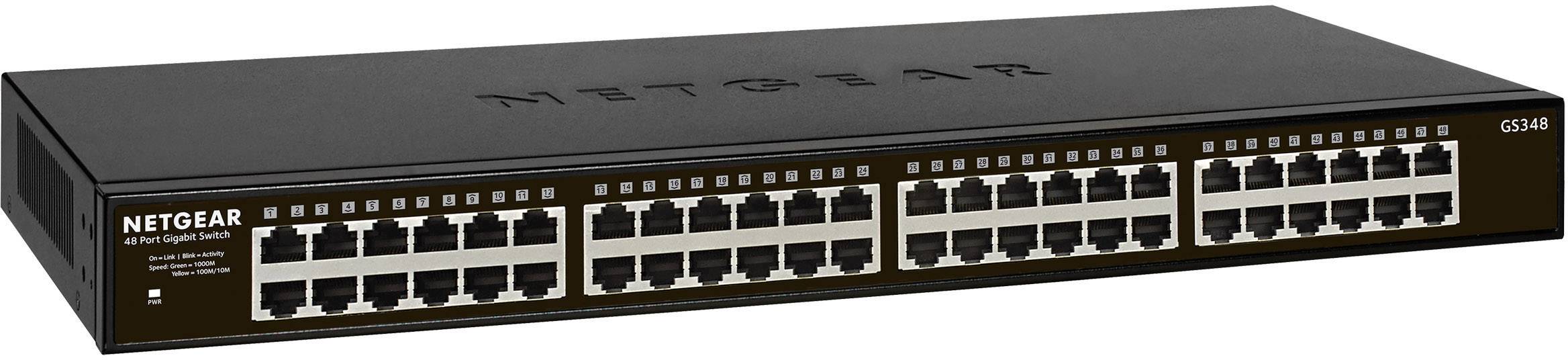 Netzwerk-Switch von Netgear mit 48 Ethernet-Ports, Modellnummer GS348, geeignet für erweiterte Netzwerkverbindungen und Netzwerkkontrolle.