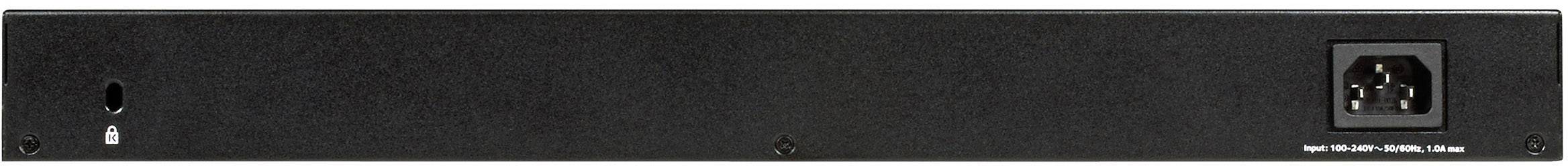 Rückseite eines elektronischen Geräts mit Stromanschluss und weiteren Anschlussmöglichkeiten, schwarz mit minimalen Beschriftungen.