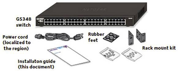 Bild zeigt einen Netgear GS348 Switch mit Zubehör: Stromkabel, Gummifüße, Rack-Montageset und Installationsanleitung.