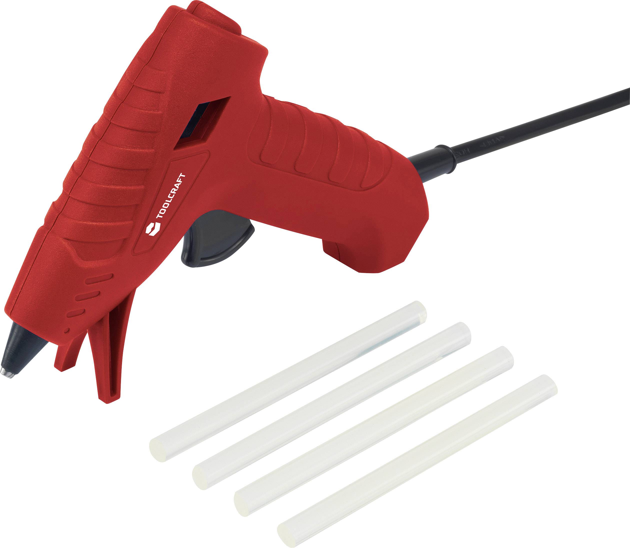 Klebestiftpistole in Rot neben vier Klebesticks. Die Pistole hat einen Kabelanschluss, ist ergonomisch geformt und bereit zur Benutzung.
