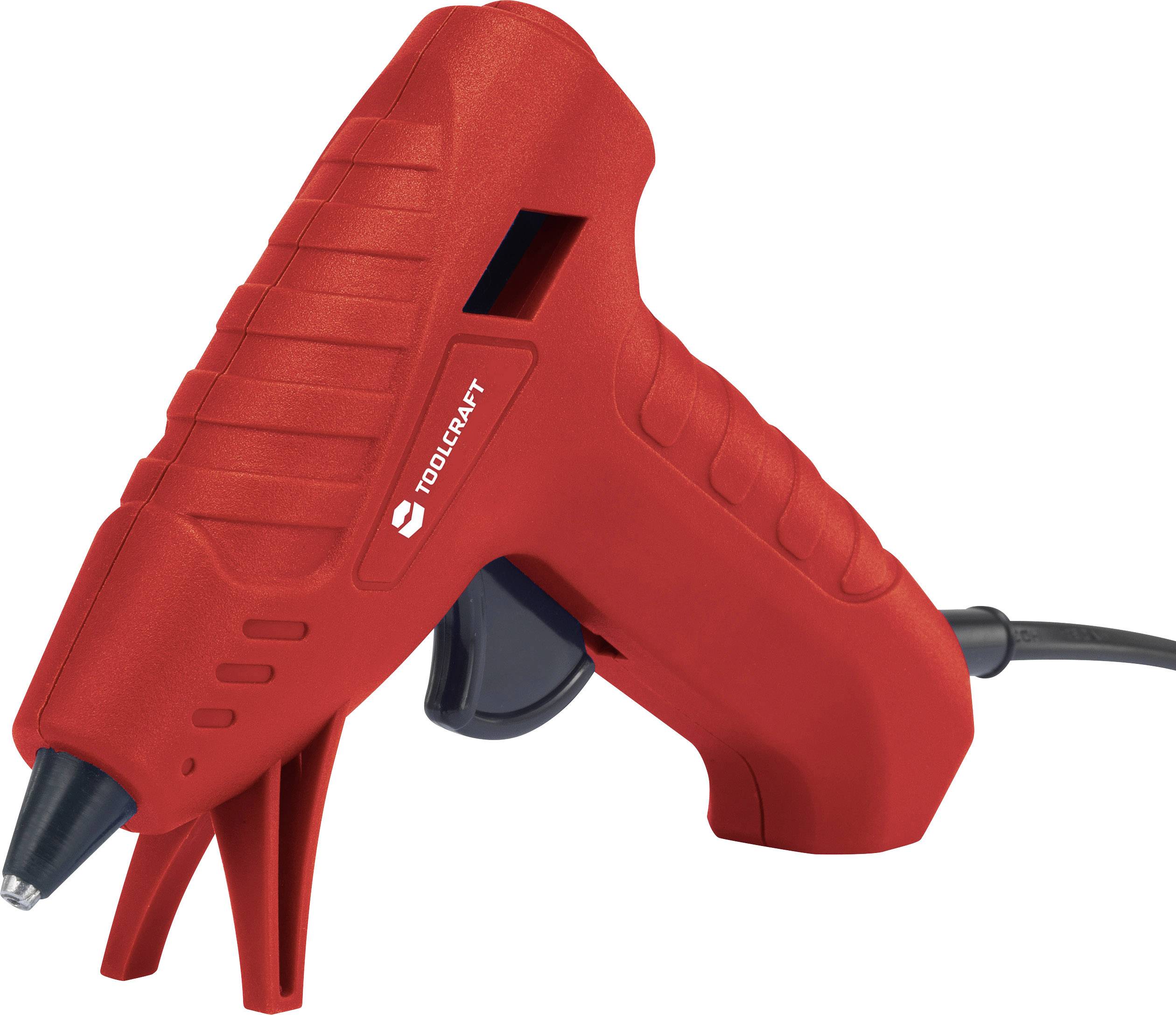 Eine rote Heißklebepistole mit schwarzem Abzug und Netzkabel, seitliche Ansicht, geeignet für Handwerksarbeiten.