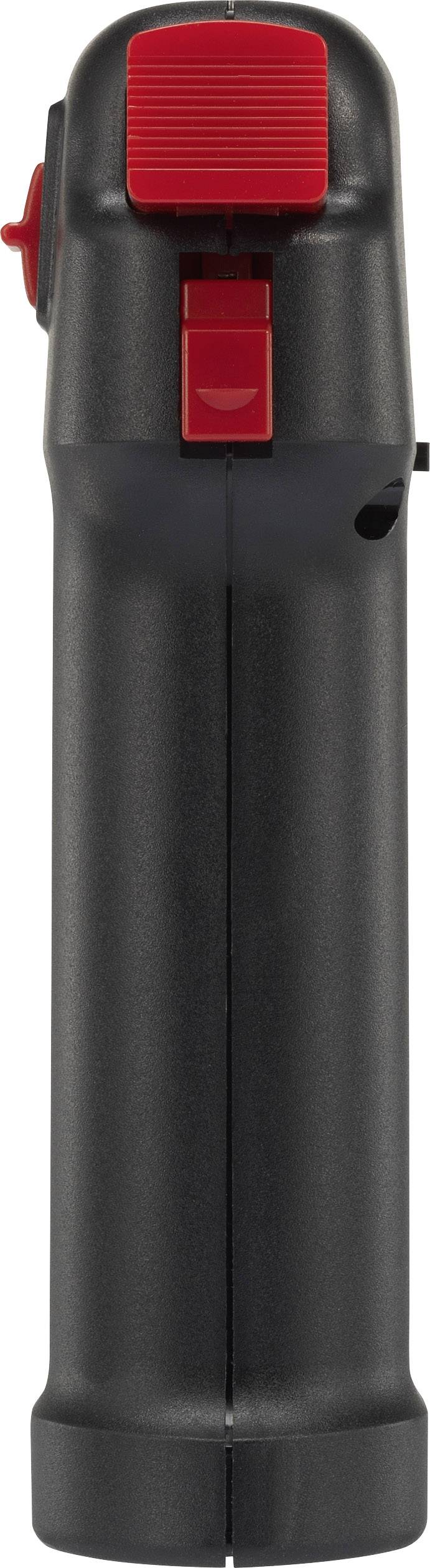 Ein schwarzes, zylinderförmiges Feuerzeug mit rotem Schalter oben, vermutlich ein Küchen- oder Handwerkstool zum Anzünden.