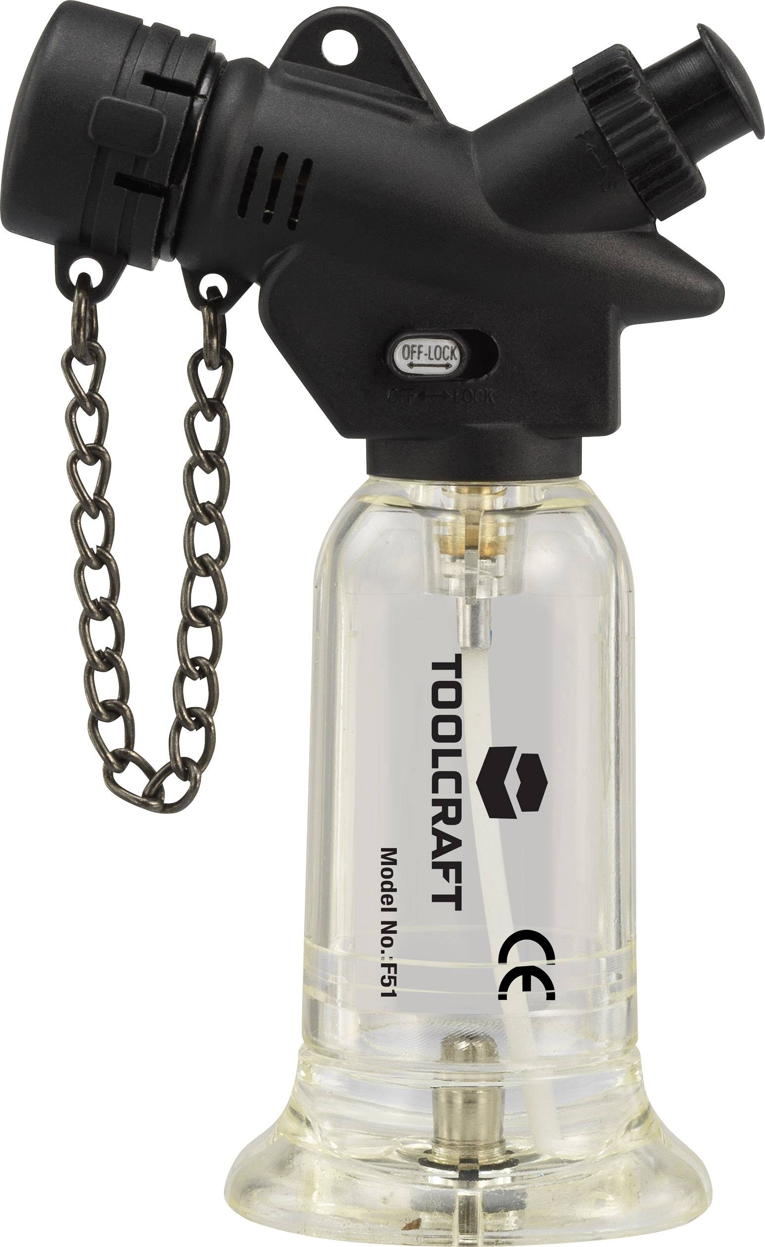 Ein transparenter Gasbrenner von TOOLCRAFT mit seitlichem Schieberegler und Kette, Modellnummer F51, CE-Kennzeichnung sichtbar.
