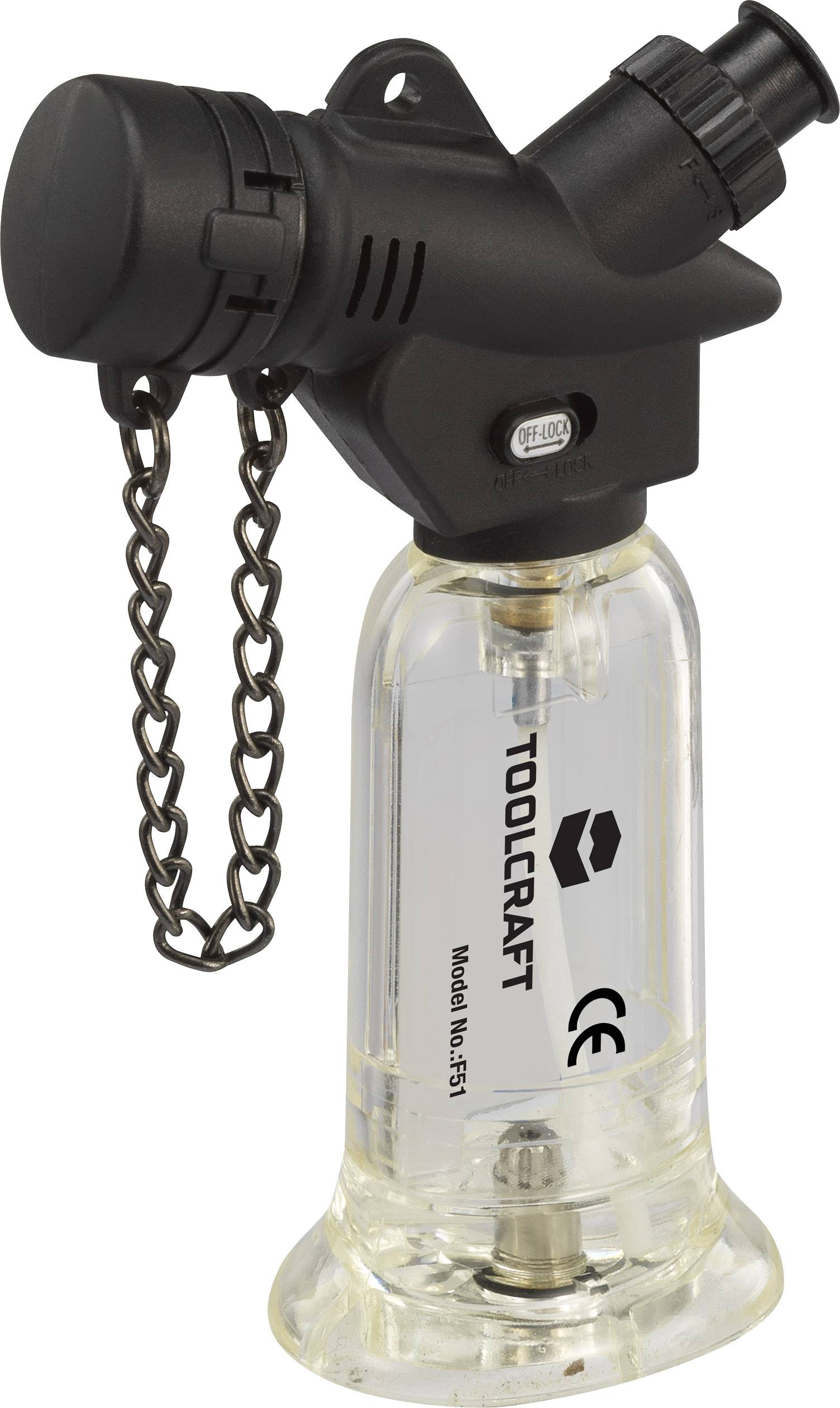 Ein Gasbrenner mit transparentem Tank und schwarzem Zündmechanismus, Marke TOOLCRAFT, Modell-Nr. 7517, CE-zertifiziert.