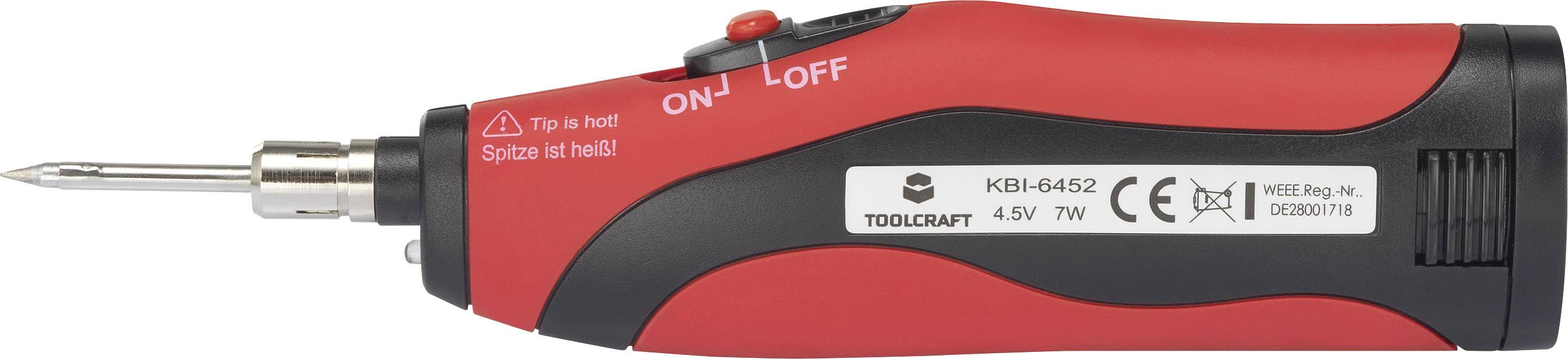 Elektrischer Schraubendreher in Rot und Schwarz mit Kippschalter für Ein/Aus, Hinweis 'Tip is hot'. Markenname und technische Daten aufgedruckt.