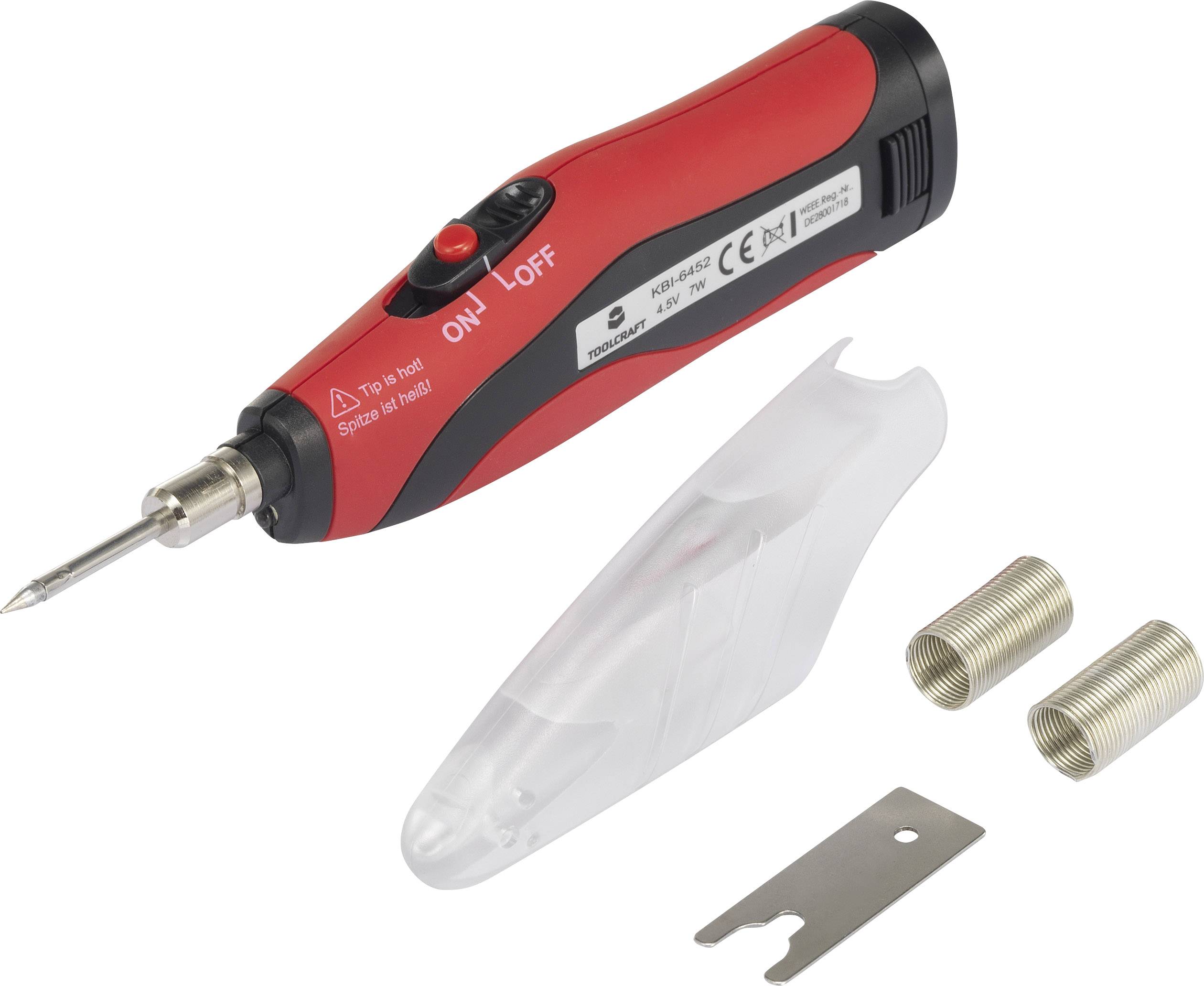 Roter und schwarzer elektrischer Handlötkolben mit Schutzkappe, zwei Ersatzspitzen und einem Metallwerkzeug.