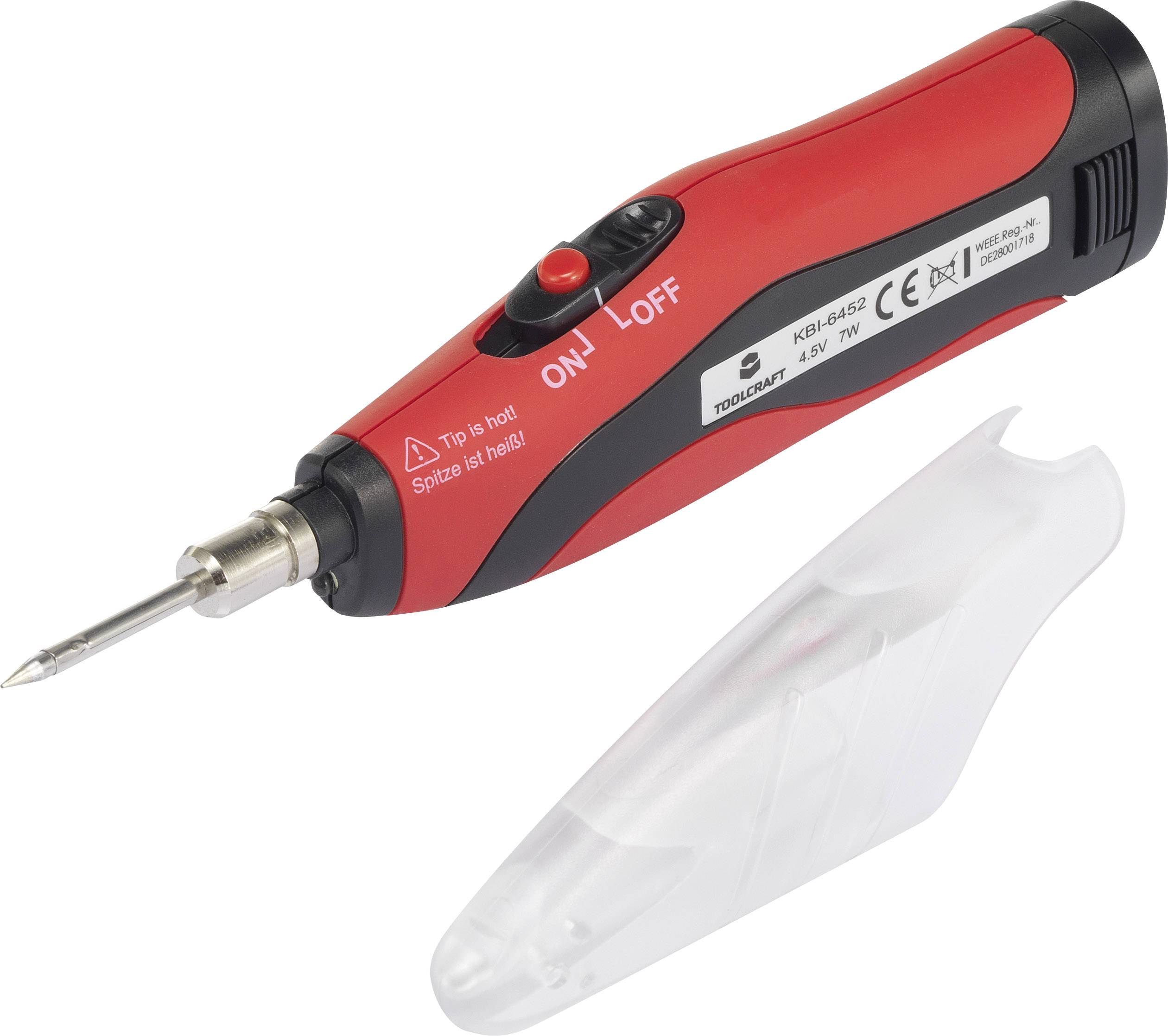 Kabelloser Lötkolben in roter Farbe mit schwarzem Griff und einem Schalter mit der Aufschrift 'ON - LOFF'. Ein transparenter Deckel liegt daneben.