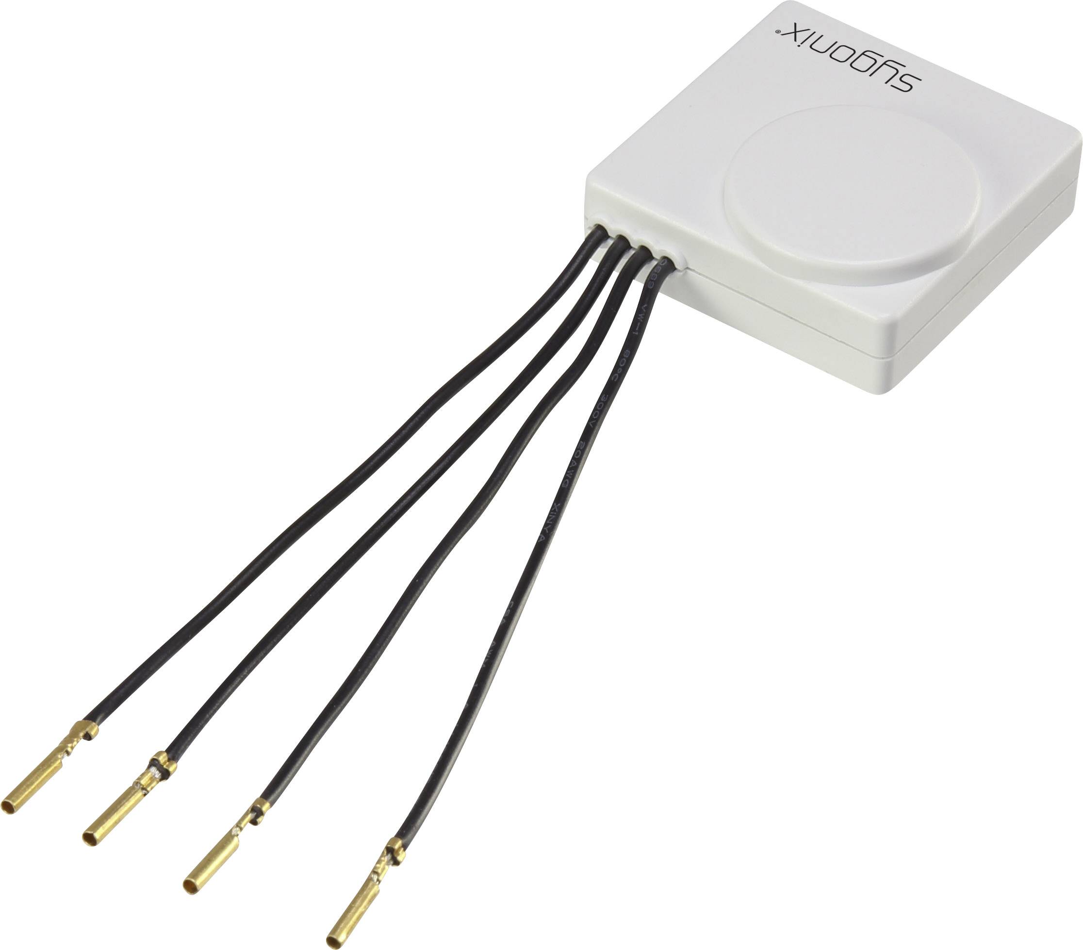 Ein weißes elektronisches Modul mit fünf dünnen Kabeln, die an goldfarbenen Steckern enden. Es ist mit 'Sygonix' beschriftet.