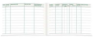Offenes Notizbuch mit Tabellen zum Eintragen von Daten: Datum, Zeitpunkt, Fahrzeugnummer, Fahrstrecke, Betankung und Bemerkungen.