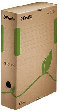 Ordnerkarton mit grünem Blattmotiv, Label 'Esselte', recycelbar.
