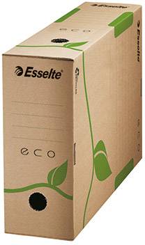 Ein brauner Archivkarton mit der Aufschrift 'Esselte eco'. Grüne Grafiken mit Blättern symbolisieren ein umweltfreundliches Design.