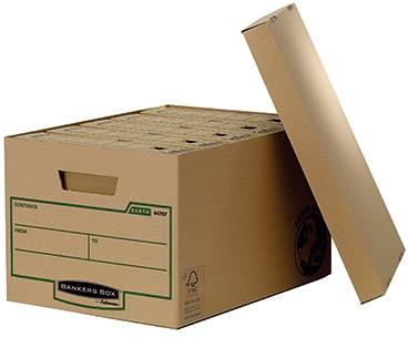 Braune Aufbewahrungsbox aus Karton mit abgenommenem Deckel. Etikett auf der Vorderseite zur Beschriftung. Enthält Akten.