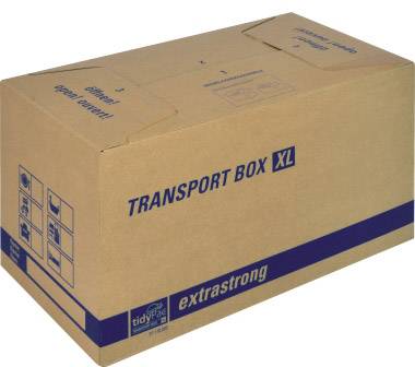 Großer brauner Karton mit der Aufschrift 'Transport Box XL' in Blau. Verpackung zeigt Symbole für vorsichtigen Transport.