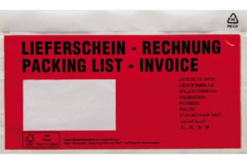 Dokumententasche DIN lang Rot Lieferschein-Rechnung, mehrsprachig mit Selbstklebung 250 St./Pack. 25