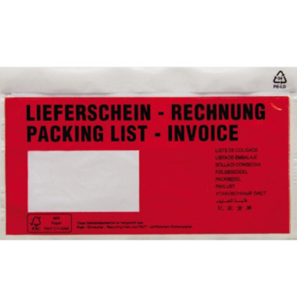 Dokumententasche DIN lang Rot Lieferschein-Rechnung, mehrsprachig mit Selbstklebung 250 St.