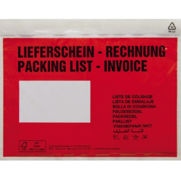 Dokumententasche DIN C5 Rot Lieferschein-Rechnung, mehrsprachig mit Selbstklebung 250St.