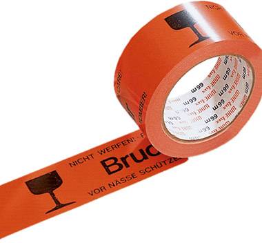 Rolle mit orangem Klebeband, darauf Symbole und Text: 'Bruchgefahr' und 'Vor Nässe schützen', deutet auf fragilen Inhalt hin.