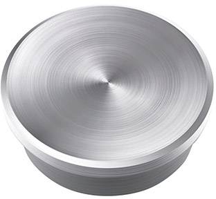 Runder, silberner Metallknopf mit gebürsteter Oberfläche, vermutlich für elektrische Geräte oder Möbel verwendet.