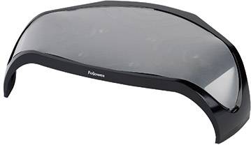 Ein schwarzer Monitorständer hebt den Monitor an, um die Ergonomie am Arbeitsplatz zu verbessern.