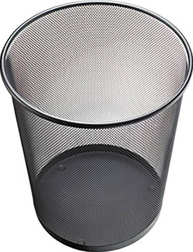 Ein leerer, runder Papierkorb aus Metallgitter mit schwarzem Rand, von oben gesehen.