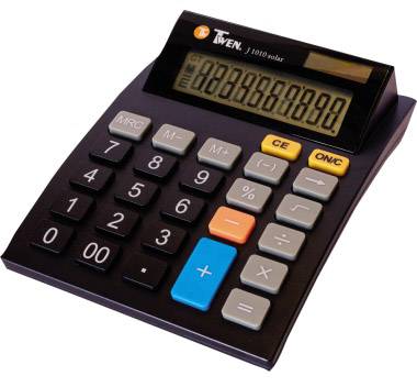 Schwarzer Taschenrechner mit großem Display, zeigt die Zahl '88888888', bietet grundlegende Rechenfunktionen mit farbigen Tasten.