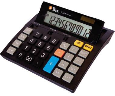 Tischrechner mit großem Display zeigt Zahlenfolge 123456789012 an, inklusive Tasten für Grundrechenarten und spezielle Funktionen.