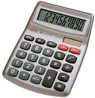 Ein silberner Taschenrechner zeigt die Zahlenfolge '1234567890' auf dem Display. Tasten für Grundrechenarten sind unten sichtbar.