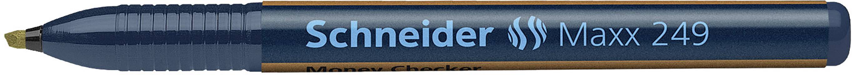 Ein blauer Permanentmarker mit der Aufschrift 'Schneider Maxx 249' und goldener Spitze, geeignet zum Beschriften von diversen Oberflächen.