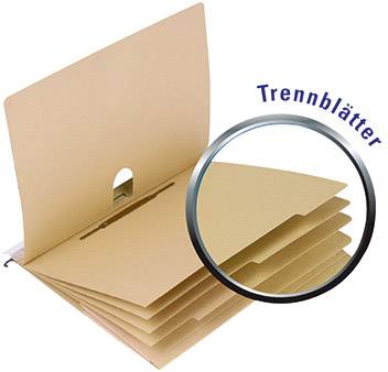 'Trennblätter': Beiger Ordner mit fünf offenen Trennblättern, jedes mit einem Tab. Vergrößerter Kreis zeigt Trennblätter im Detail.