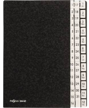 Schwarzer Jahreskalender mit Registertabs für jeden Monat von Januar bis Dezember, seitlich sichtbar.