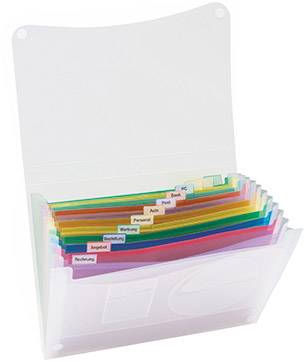 Ein geöffneter, transparenter Ordner mit Registerkarten in verschiedenen Farben, die Kategorien wie 'Rechnung', 'Versicherung', und 'Auto' anzeigen.