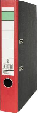 Ein roter Aktenordner mit schwarzem Rücken, seitlich stehend, zeigt das Etikett für Beschriftung. Geeignet zur Aufbewahrung von Dokumenten.