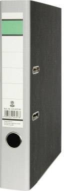 Schwarzer Aktenordner mit weißem Etikett und grünem Streifen oben. Verwendet zur Organisation und Aufbewahrung von Dokumenten.