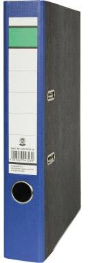 Ein blauer Ordner mit Etikett auf der Seite, geeignet für die Archivierung von Dokumenten, zwei Metallösen für Stabilität.