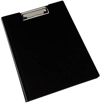 Schwarzes Klemmbrett mit silberner Metallschiene an der Oberseite. Ideal für das Festhalten von Papierblättern.