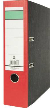 Ein roter Aktenordner mit Beschriftungsfeld und Metallschlitzen auf der Seite, stehend in einer aufrechten Position.