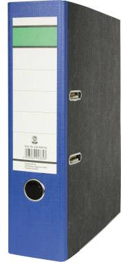 Ein blauer Aktenordner mit schwarzem Rückenteil und weißen Etiketten für Beschriftungen.