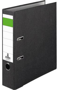 Ein schwarzer Aktenordner mit weißem Etikett und grünem Streifen. Zwei Metallklemmen sind sichtbar.