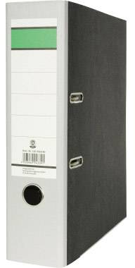 Schwarzer Ordner mit grünem Etikett auf Vorderseite und zwei Metallhebeln an der Seite.
