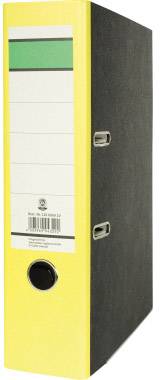 Ein gelber Ordner mit schwarzem Rücken, aufrecht stehend. Die Vorderseite hat ein Etikett mit Linien für Beschriftungen.