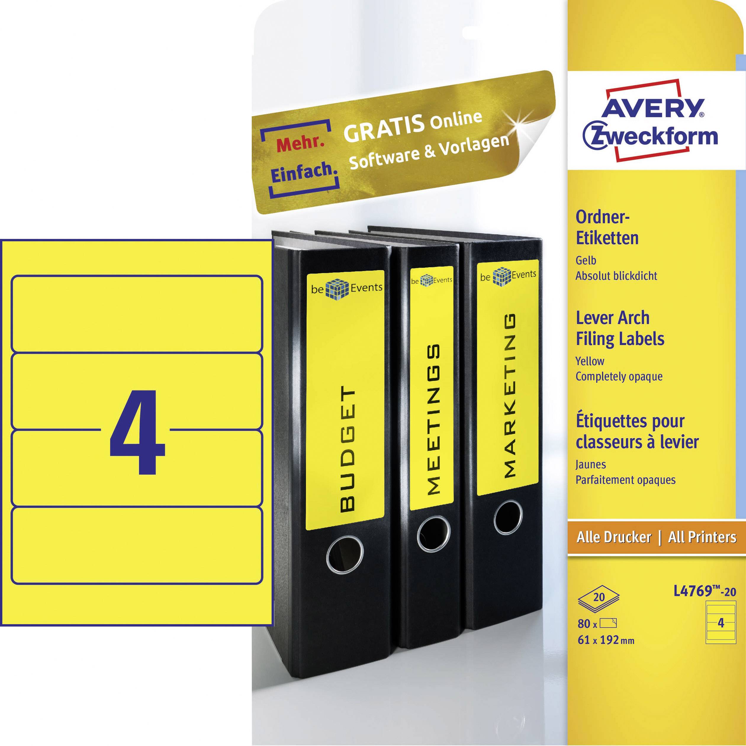 Avery-Zweckform Ordner-Etiketten L4769-20 61 x 192 mm Papier Gelb Permanent haftend 80 St.