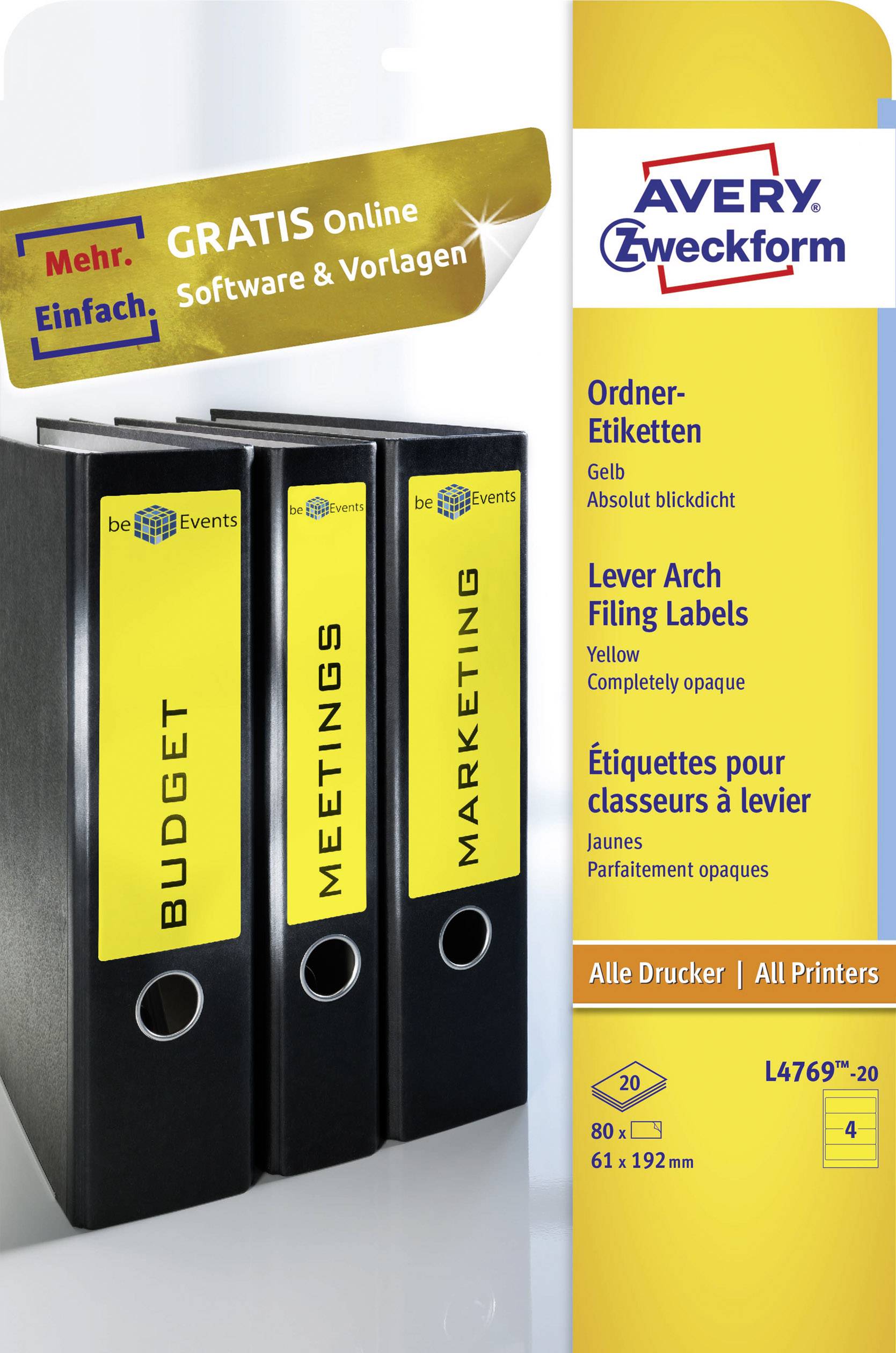 Avery-Zweckform Ordner-Etiketten L4769-20 61 x 192 mm Papier Gelb Permanent haftend 80 St.