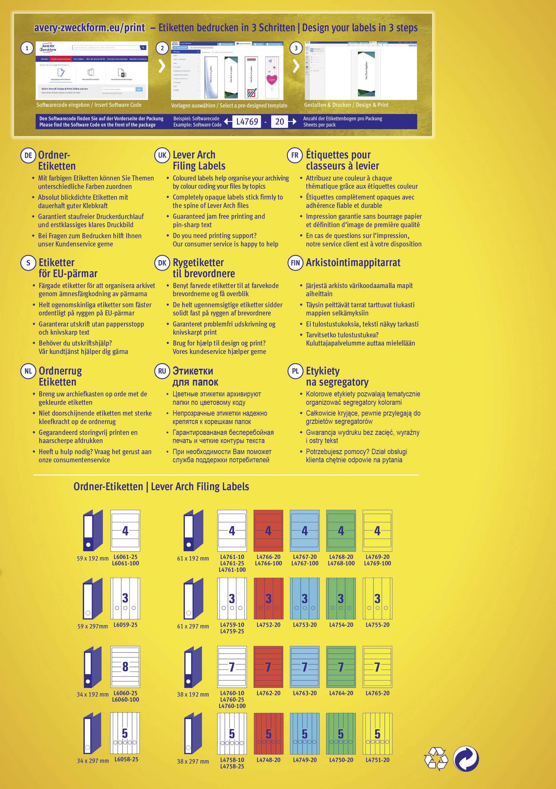 Avery-Zweckform Ordner-Etiketten L4769-20 61 x 192 mm Papier Gelb Permanent haftend 80 St.