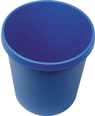 Ein blauer, zylindrischer Mülleimer ohne Deckel, aus Kunststoff, steht vertikal.
