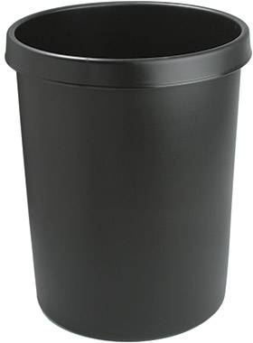Schwarzer Papierkorb aus Kunststoff; rund und schlichtes Design, typisch für Büros oder Haushalte zur Abfallentsorgung.