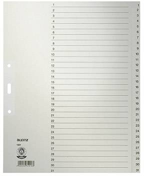 Fächerregister von 1 bis 31 auf grauem Karton, geeignet zur Organisation von Dokumenten, Markenlogo unten links.