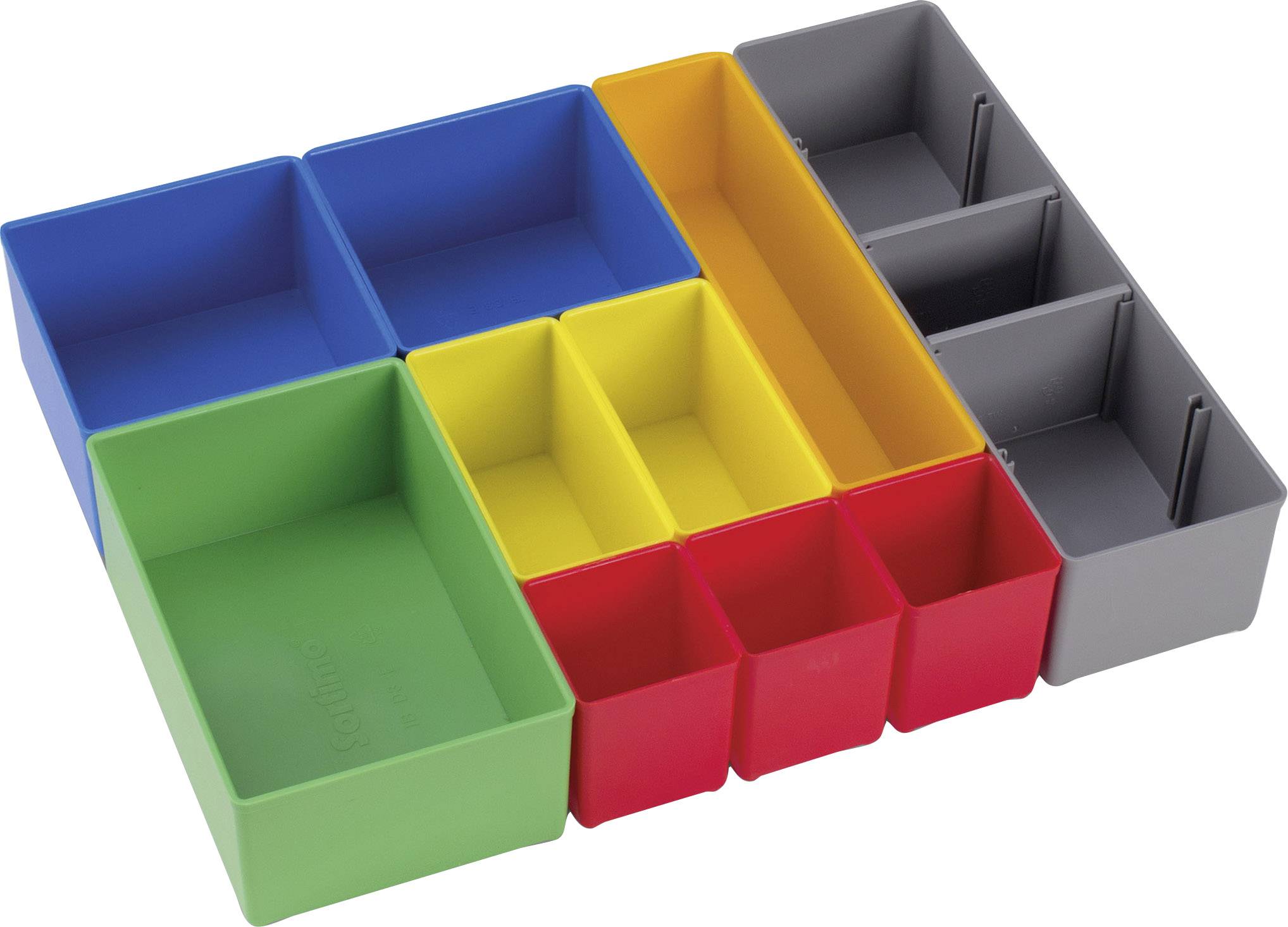 Mehrfarbige Aufbewahrungsboxen in verschiedenen Größen, ineinander verschachtelt. Farben: Blau, Grün, Gelb, Rot, Grau.