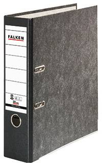 Ein grauer Ordner mit dem Etikett 'Falken', stehend, seitlich, mit Metallklemmen und einem runden Loch an der Vorderseite.